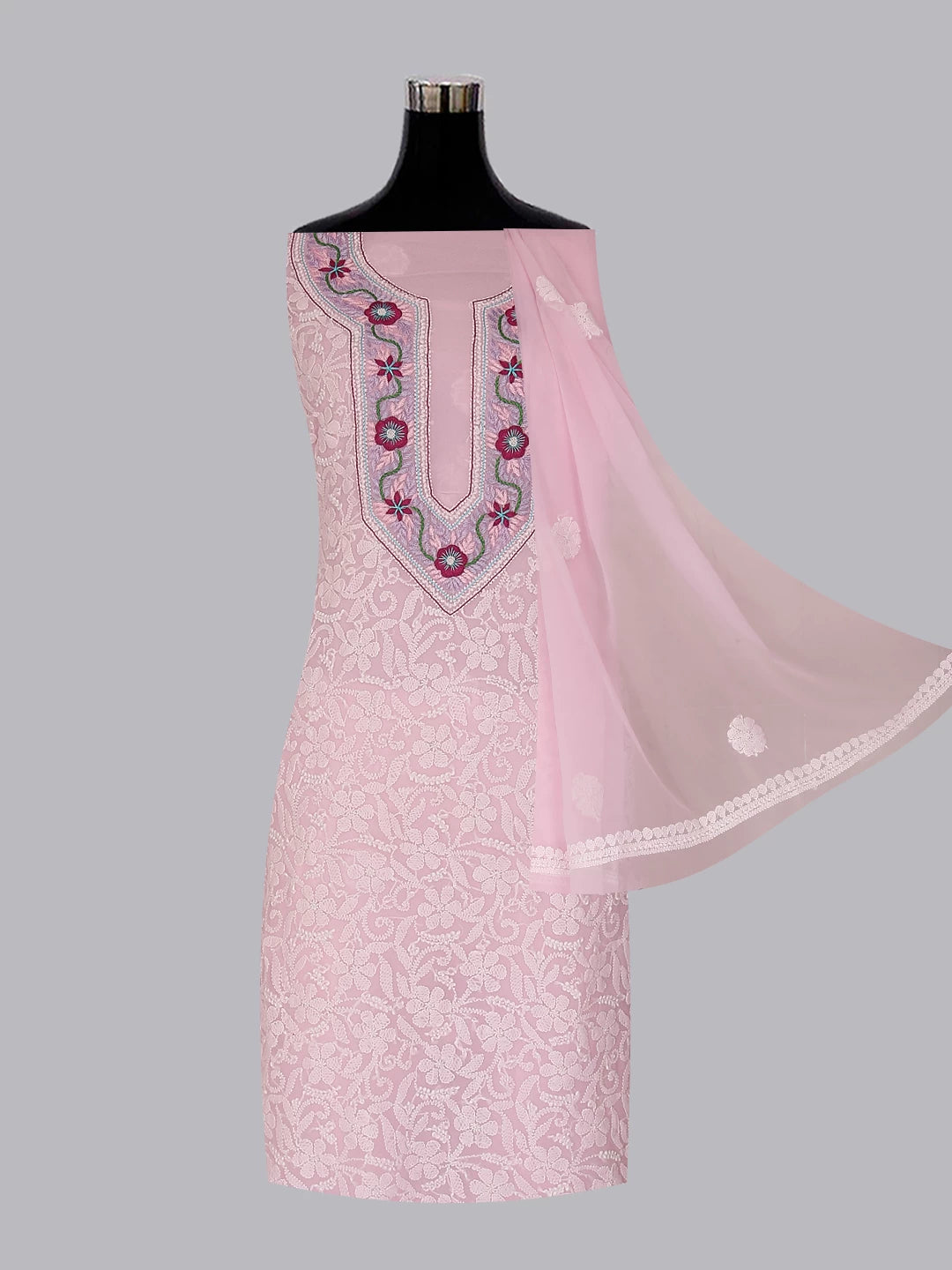 Ada Hand Embroidered Soft Pink Georgette Lucknowi Chikankari Unstitched Suit Piece With Parsi Work A211303