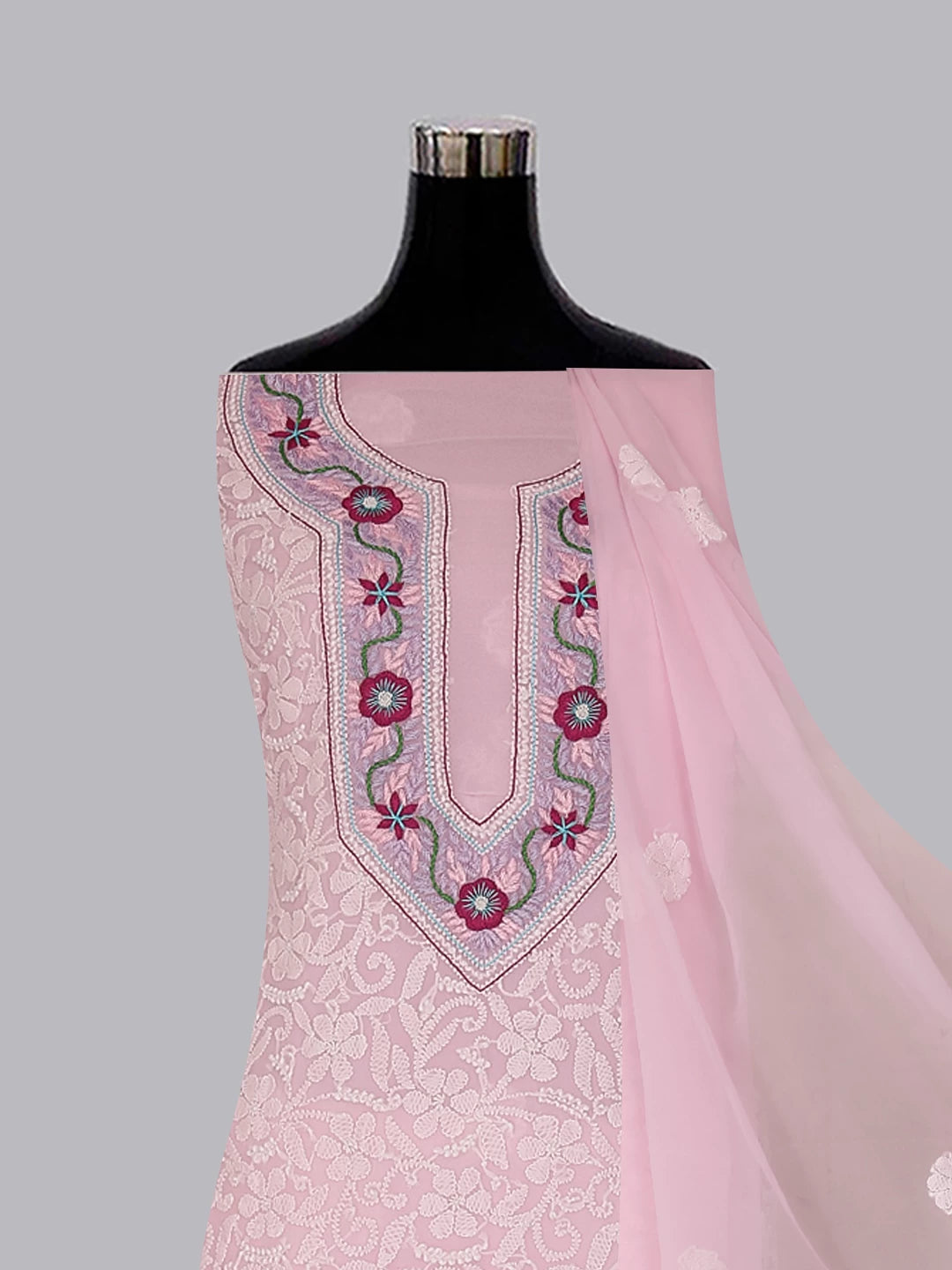 Ada Hand Embroidered Soft Pink Georgette Lucknowi Chikankari Unstitched Suit Piece With Parsi Work A211303