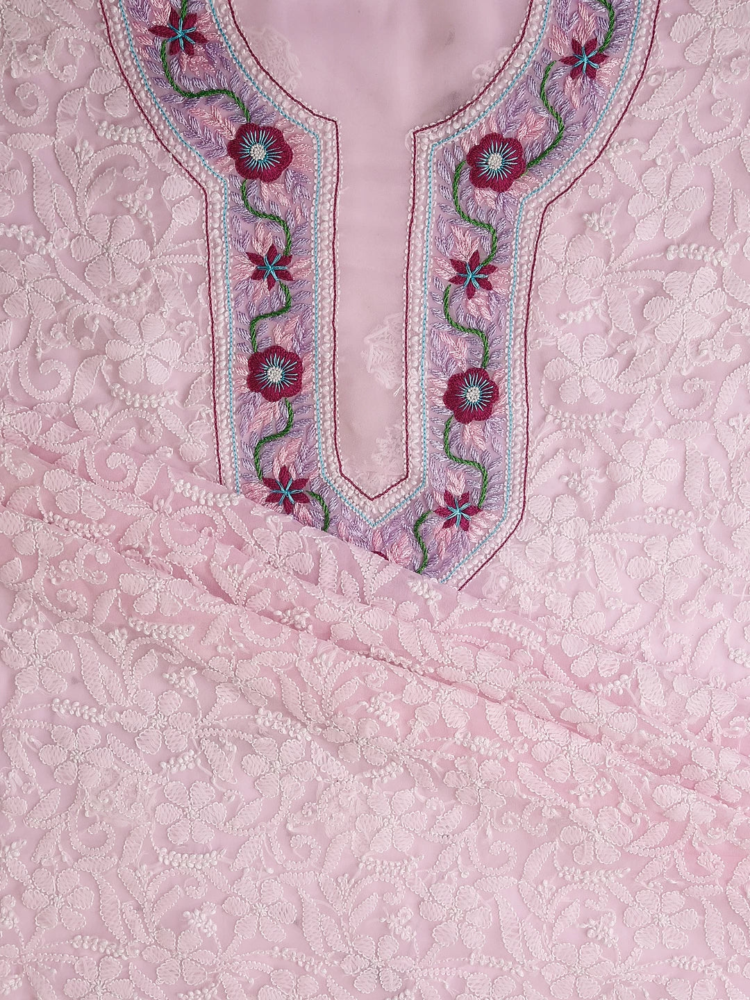 Ada Hand Embroidered Soft Pink Georgette Lucknowi Chikankari Unstitched Suit Piece With Parsi Work A211303