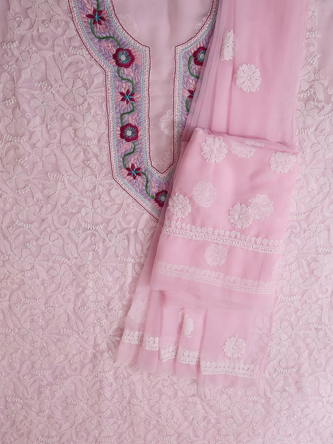 Ada Hand Embroidered Soft Pink Georgette Lucknowi Chikankari Unstitched Suit Piece With Parsi Work A211303