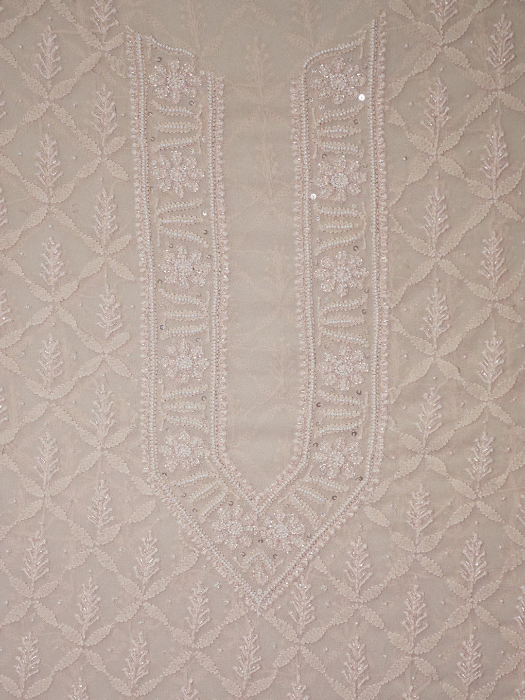 Ada Hand Embroidered Fawn Georgette Lucknowi Chikankari Unstitched Men's Kurta Piece With Pearl Work 01A246788
