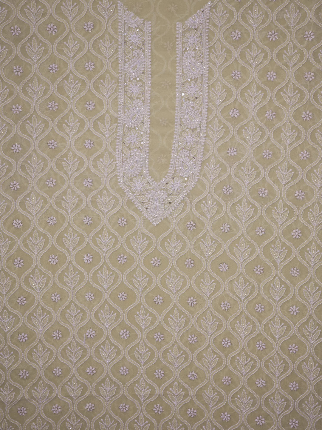 Ada Hand Embroidered Light Olive Green Pure Georgette Lucknowi Chikankari Unstitched Men's Kurta Piece With Cutdana Work 01A339032