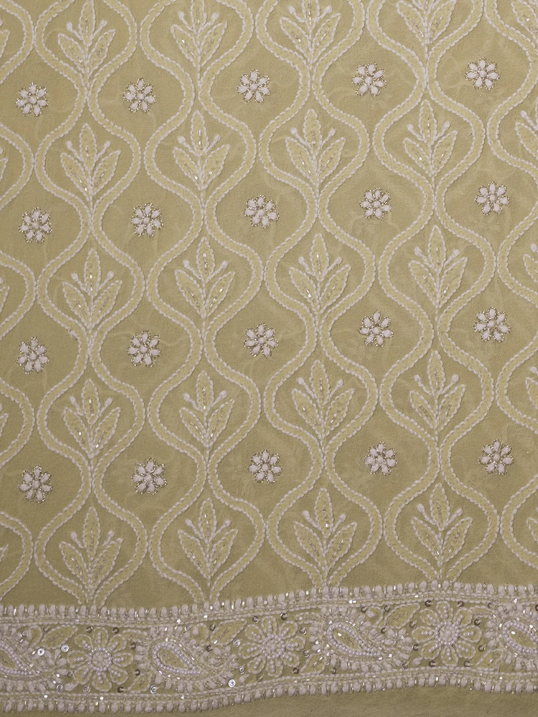 Ada Hand Embroidered Light Olive Green Pure Georgette Lucknowi Chikankari Unstitched Men's Kurta Piece With Cutdana Work 01A339032