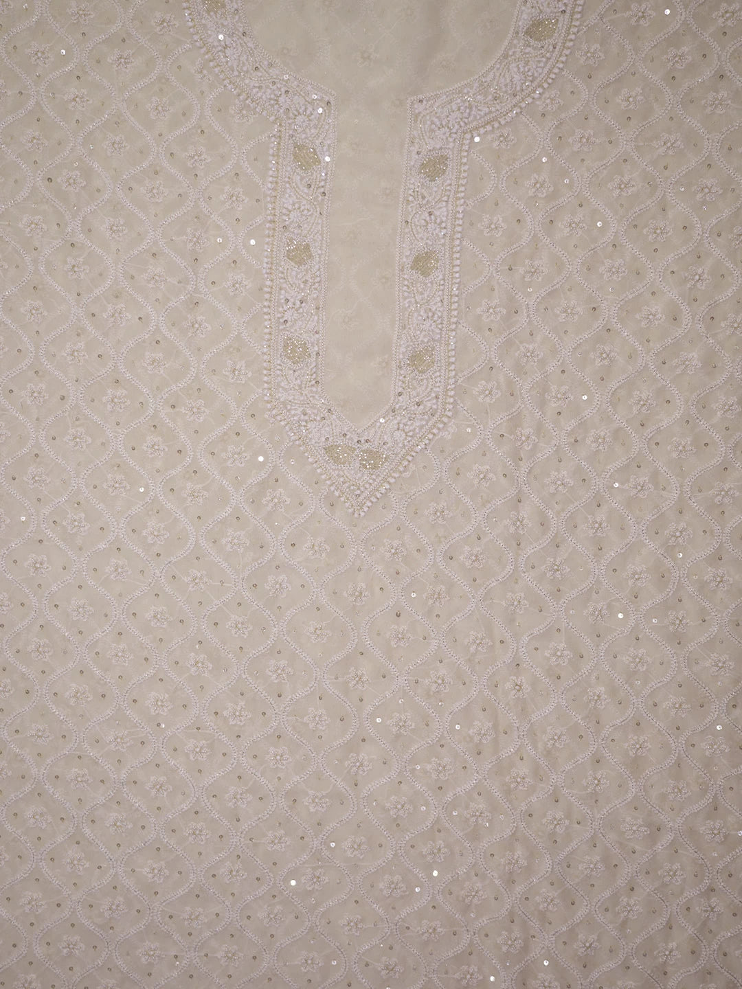 Ada Hand Embroidered Beige Pure Georgette Lucknowi Chikankari Unstitched Men's Kurta Piece With Cutdana Work 01A452734