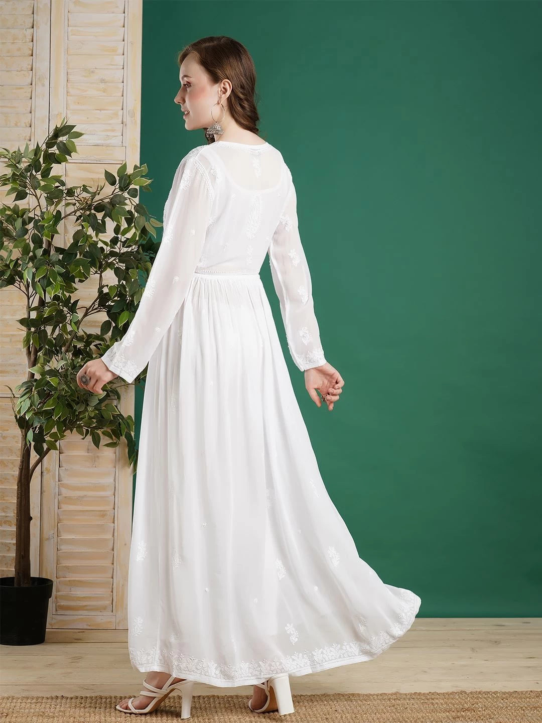 Ada Hand Embroidered White Viscose Georgette Lucknowi Chikankari Flared A-Line Kurta/Dress 01A458551
