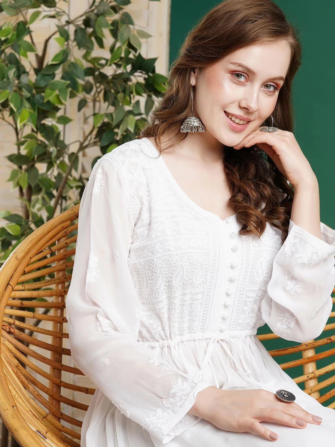 Ada Hand Embroidered White Viscose Georgette Lucknowi Chikankari Flared A-Line Kurta/Dress 01A458551