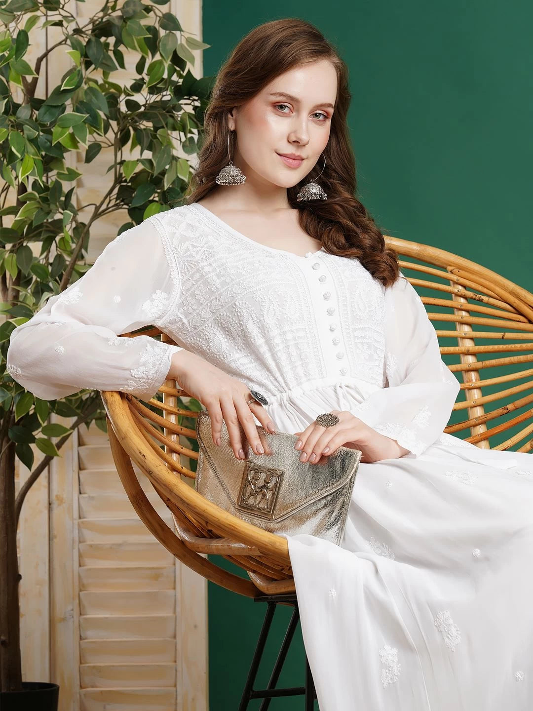 Ada Hand Embroidered White Viscose Georgette Lucknowi Chikankari Flared A-Line Kurta/Dress 01A458551