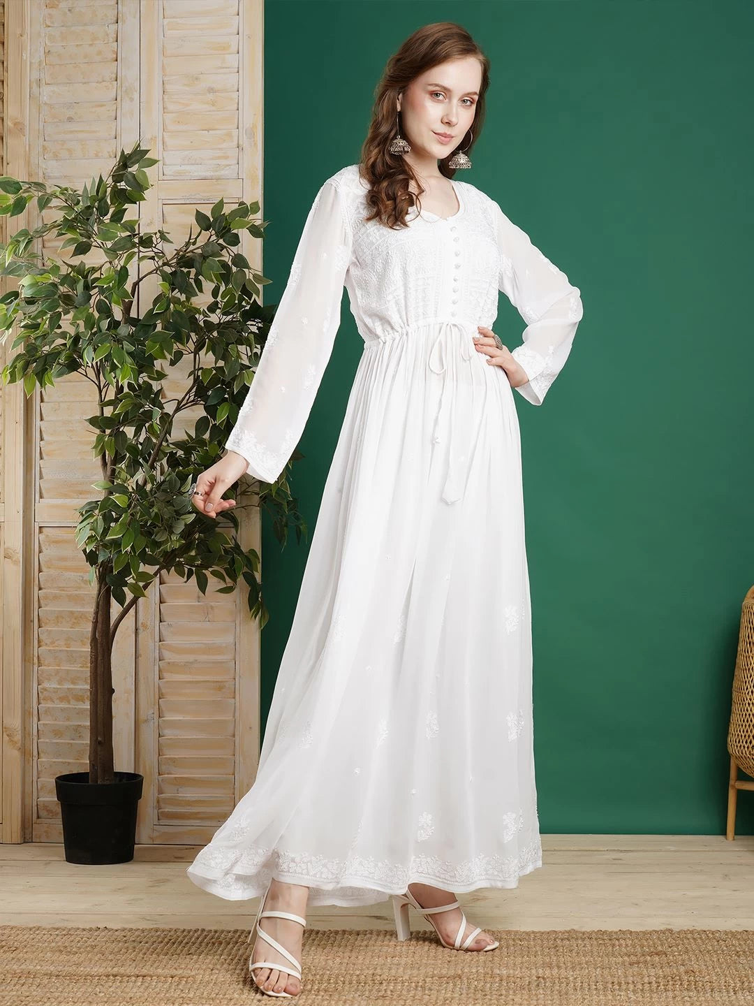 Ada Hand Embroidered White Viscose Georgette Lucknowi Chikankari Flared A-Line Kurta/Dress 01A458551