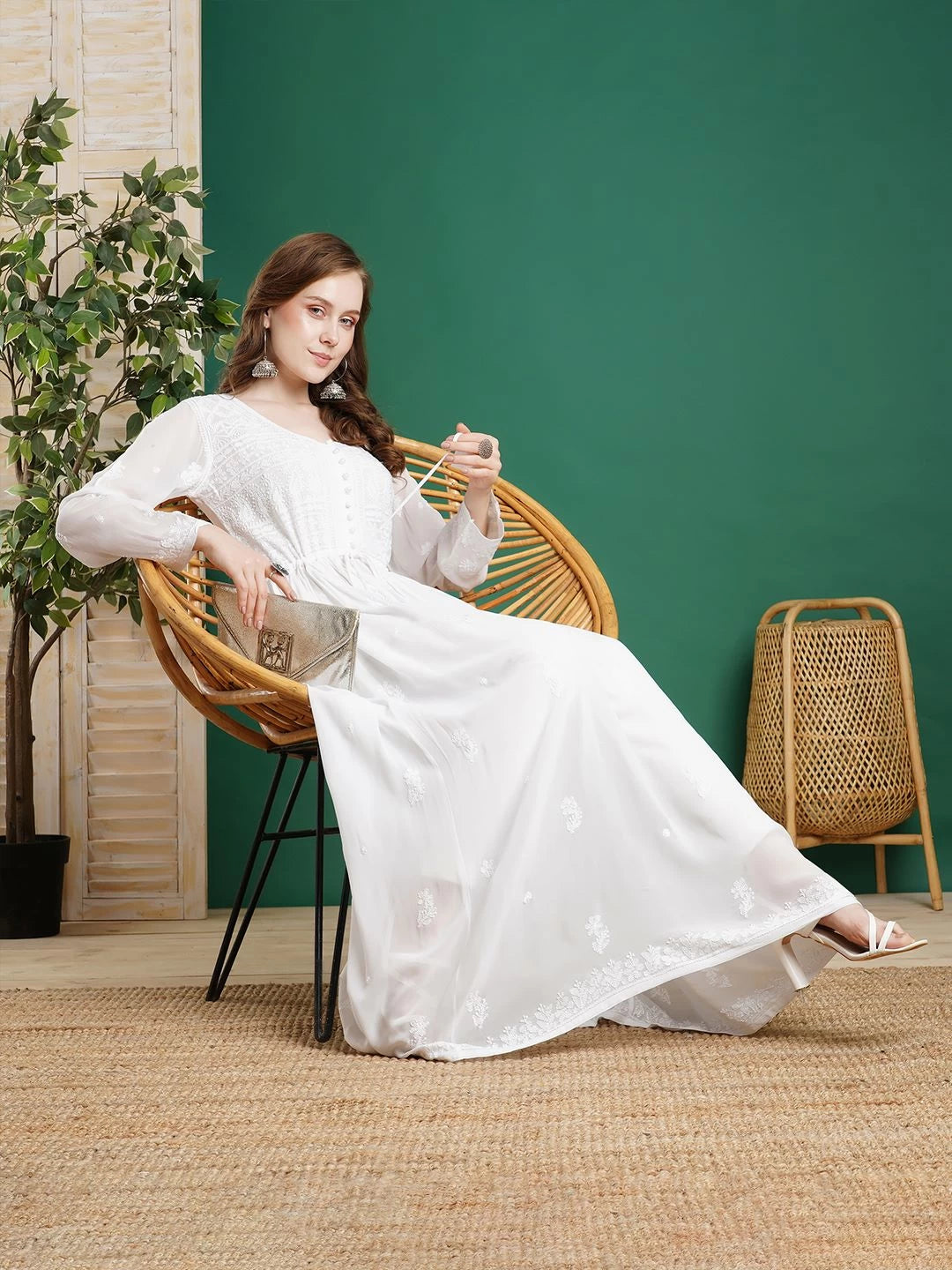 Ada Hand Embroidered White Viscose Georgette Lucknowi Chikankari Flared A-Line Kurta/Dress 01A458551
