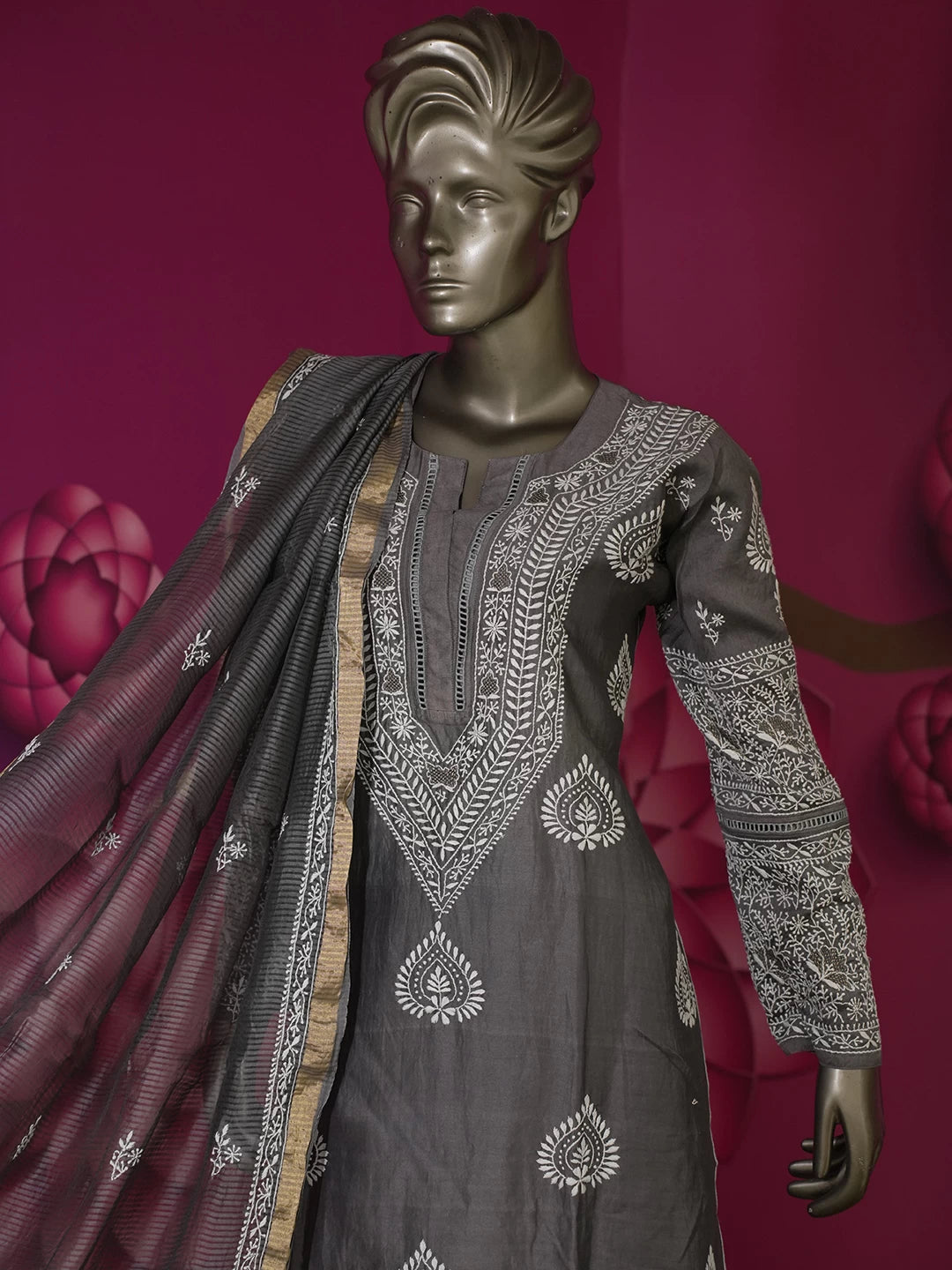 Ada Hand Embroidered Slate Grey Chanderi Lucknowi Chikankari Semi stitched Suit Piece With Zari Work 01A391322