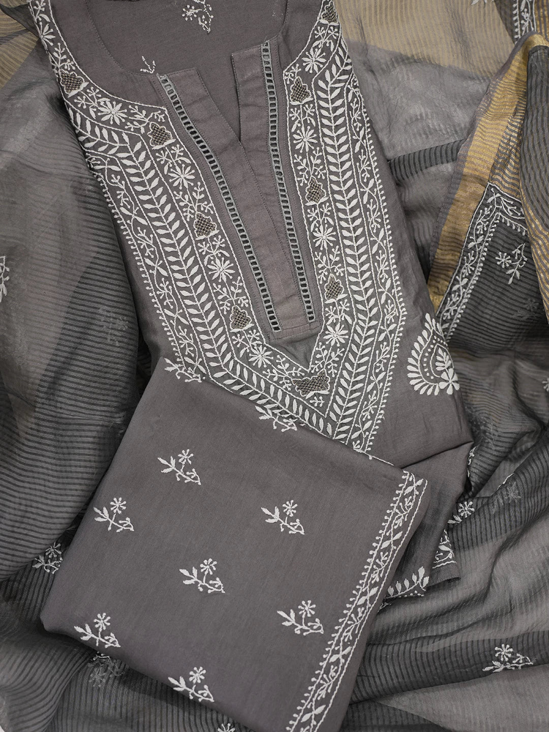 Ada Hand Embroidered Slate Grey Chanderi Lucknowi Chikankari Semi stitched Suit Piece With Zari Work 01A391322