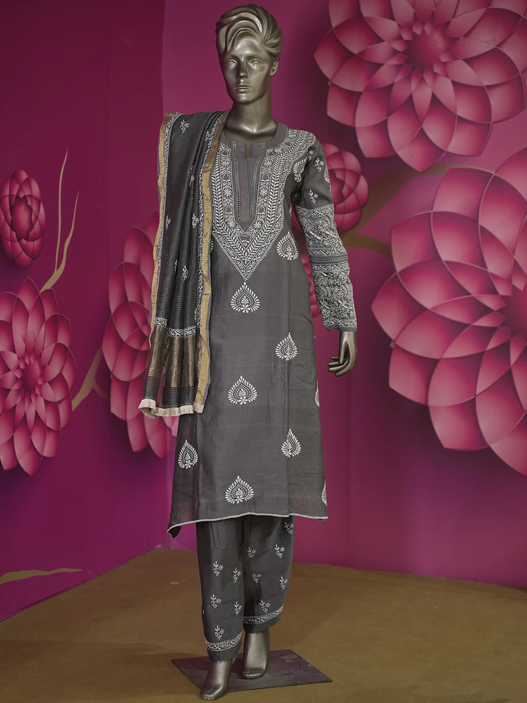 Ada Hand Embroidered Slate Grey Chanderi Lucknowi Chikankari Semi stitched Suit Piece With Zari Work 01A391322