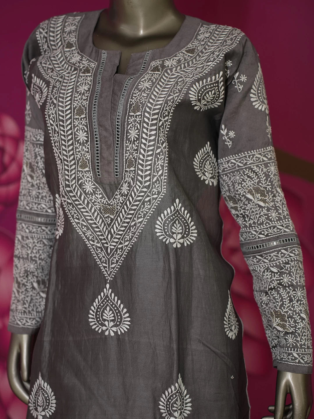 Ada Hand Embroidered Slate Grey Chanderi Lucknowi Chikankari Semi stitched Suit Piece With Zari Work 01A391322