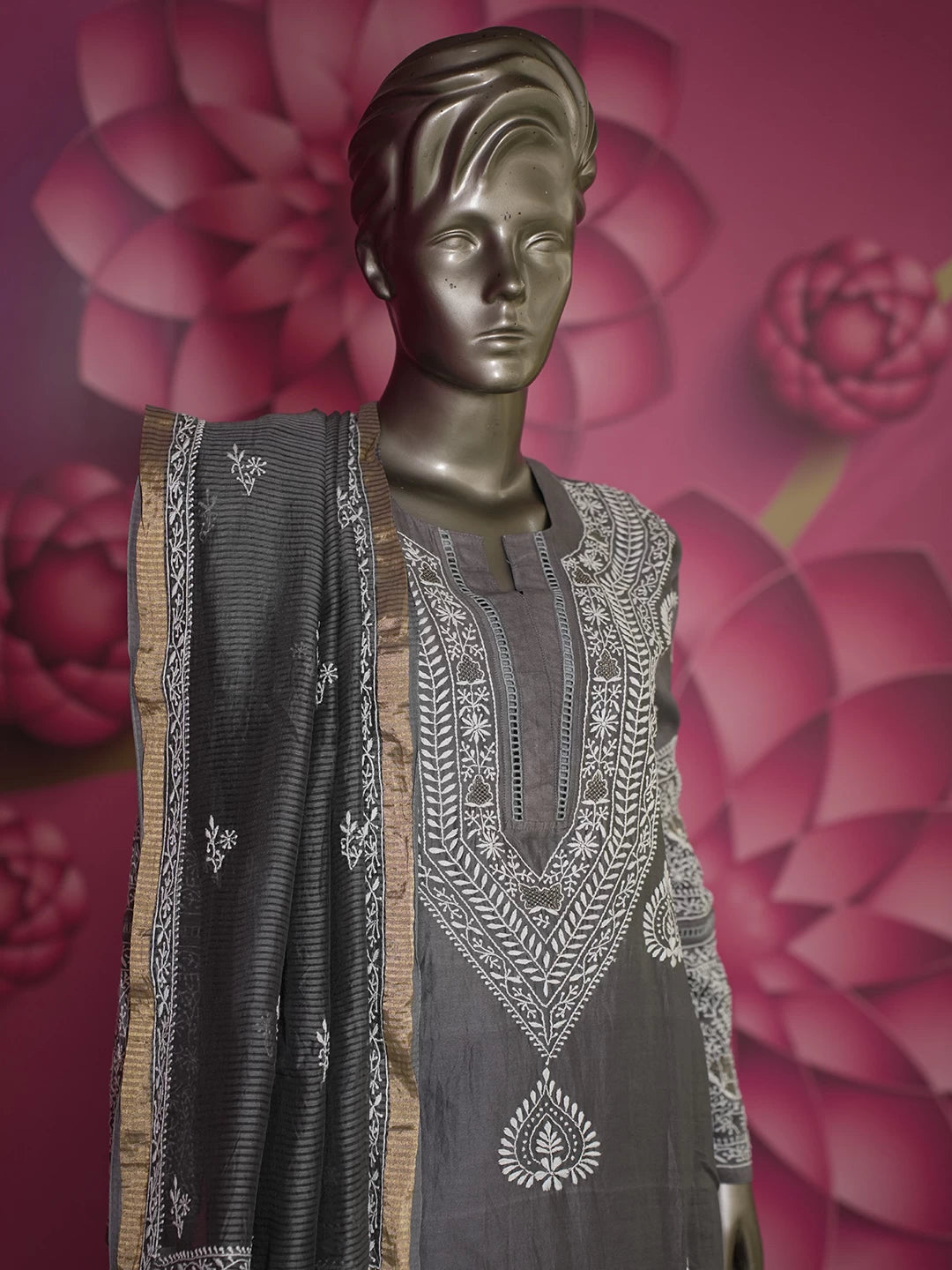 Ada Hand Embroidered Slate Grey Chanderi Lucknowi Chikankari Semi stitched Suit Piece With Zari Work 01A391322