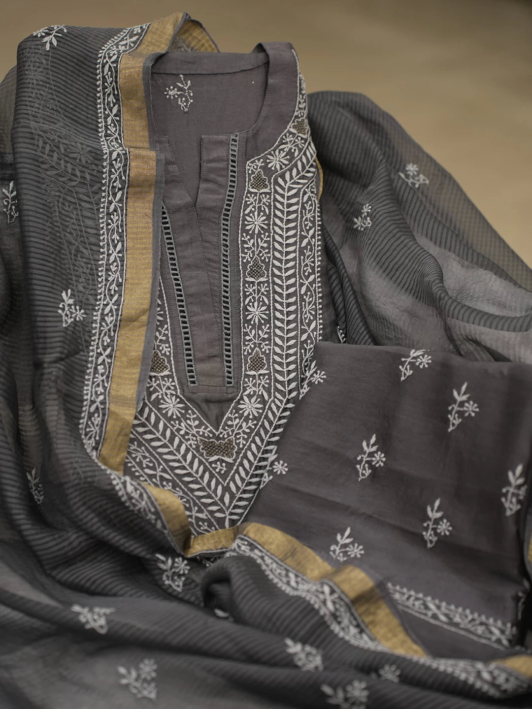 Ada Hand Embroidered Slate Grey Chanderi Lucknowi Chikankari Semi stitched Suit Piece With Zari Work 01A391322