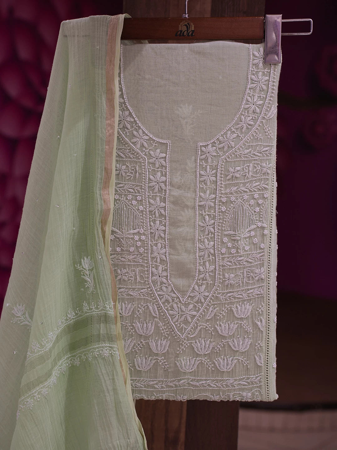 Ada Hand Embroidered Tea Green Ombre Shade Chanderi Lucknowi Chikankari Semi stitched Kurta Dupatta set With Pearl Work 01A402355