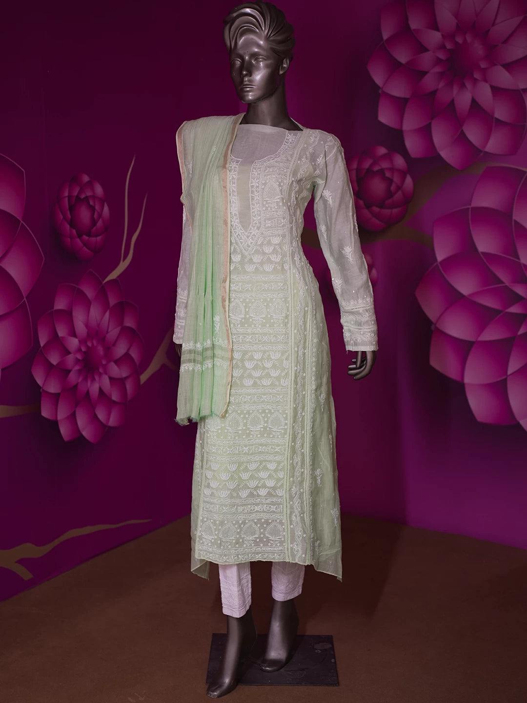 Ada Hand Embroidered Tea Green Ombre Shade Chanderi Lucknowi Chikankari Semi stitched Kurta Dupatta set With Pearl Work 01A402355