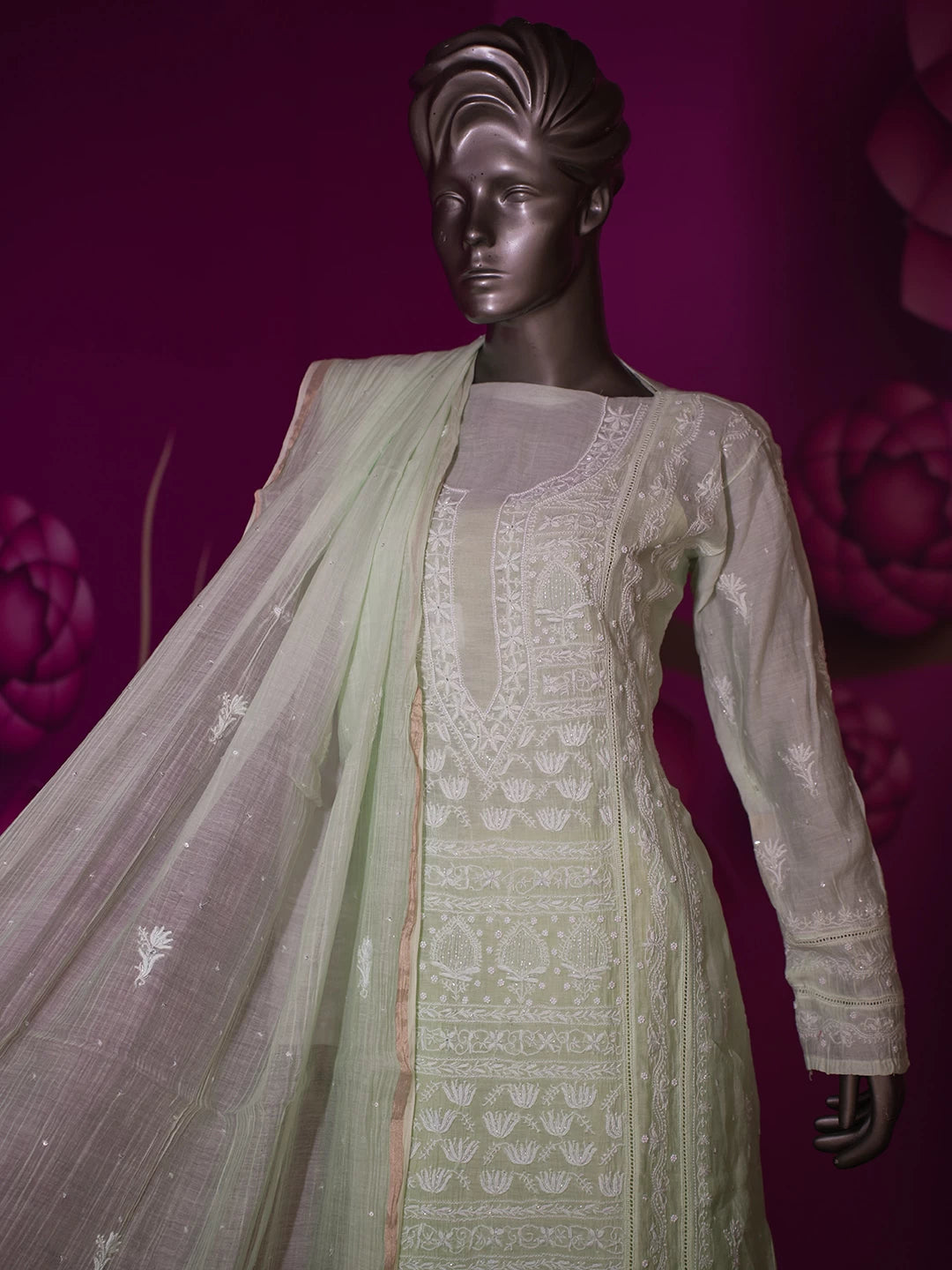 Ada Hand Embroidered Tea Green Ombre Shade Chanderi Lucknowi Chikankari Semi stitched Kurta Dupatta set With Pearl Work 01A402355