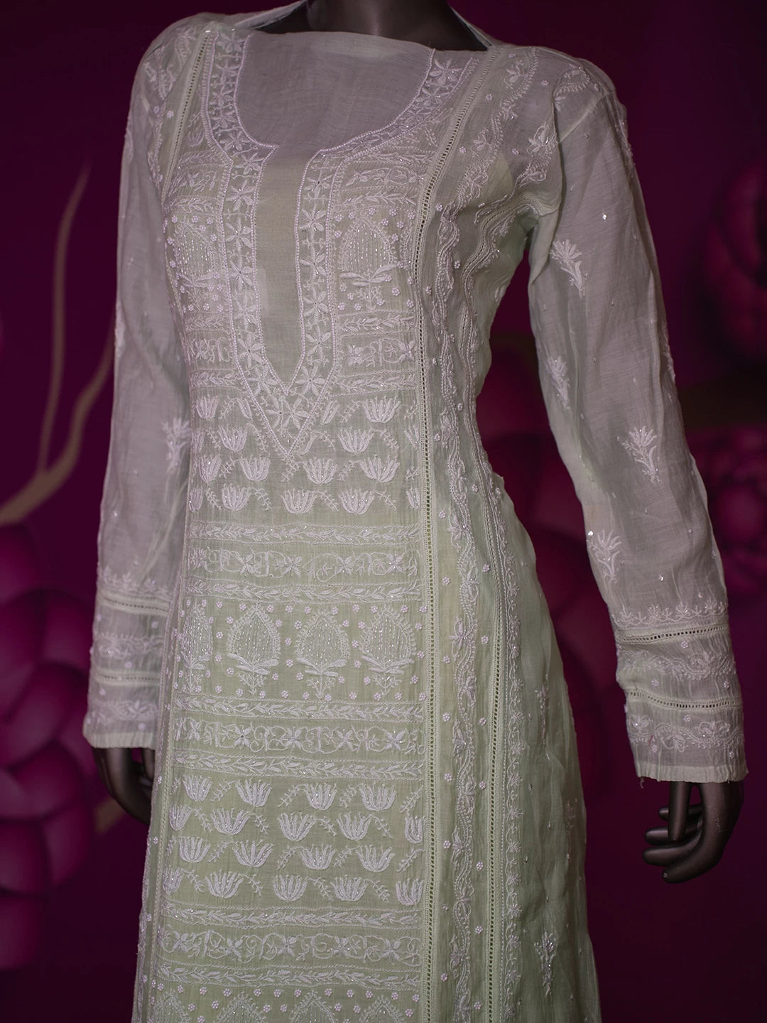 Ada Hand Embroidered Tea Green Ombre Shade Chanderi Lucknowi Chikankari Semi stitched Kurta Dupatta set With Pearl Work 01A402355