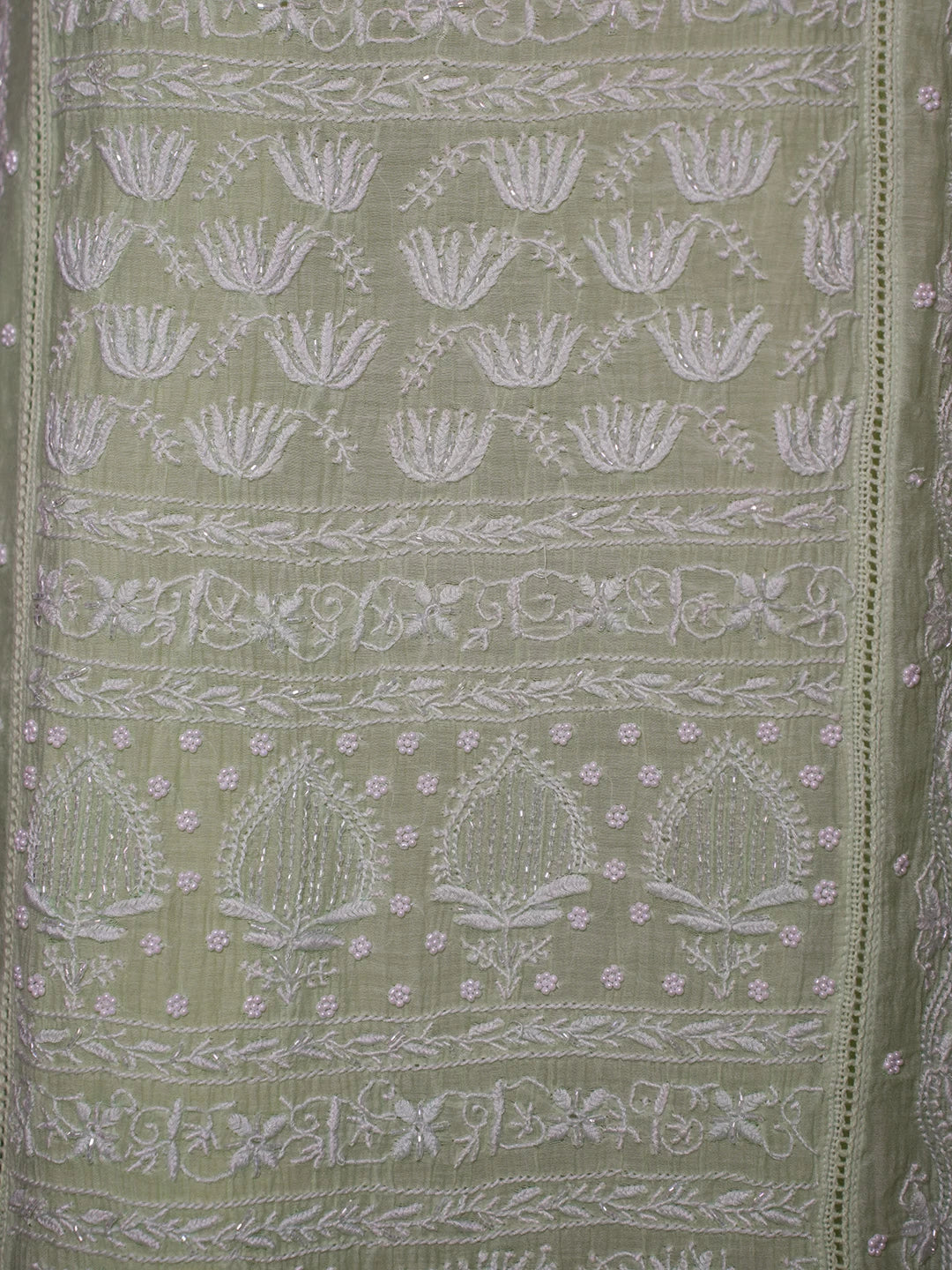 Ada Hand Embroidered Tea Green Ombre Shade Chanderi Lucknowi Chikankari Semi stitched Kurta Dupatta set With Pearl Work 01A402355