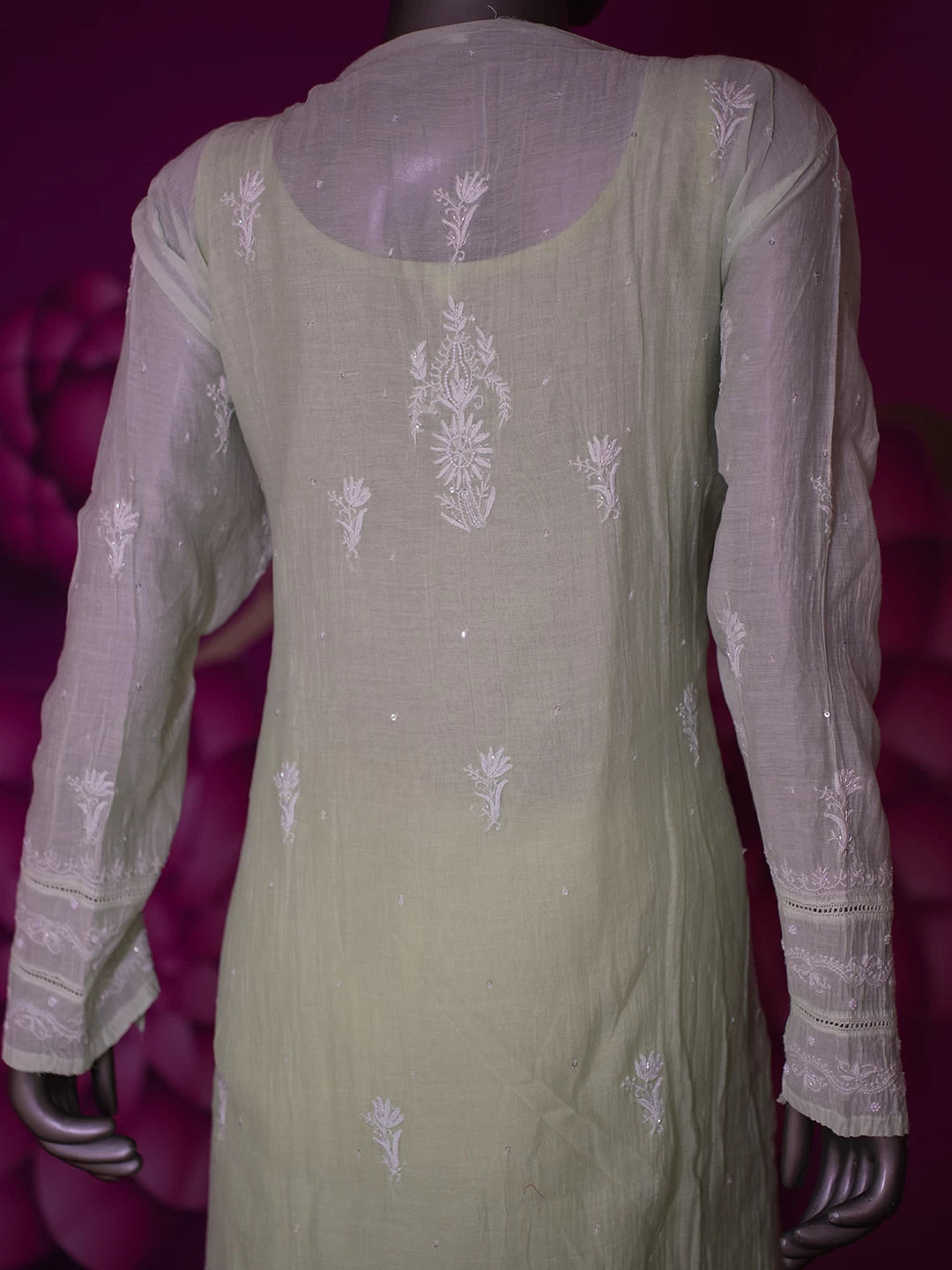 Ada Hand Embroidered Tea Green Ombre Shade Chanderi Lucknowi Chikankari Semi stitched Kurta Dupatta set With Pearl Work 01A402355