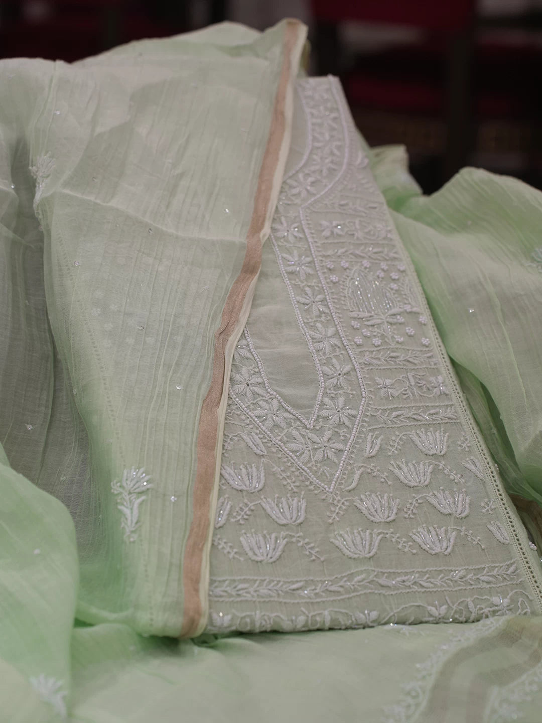 Ada Hand Embroidered Tea Green Ombre Shade Chanderi Lucknowi Chikankari Semi stitched Kurta Dupatta set With Pearl Work 01A402355