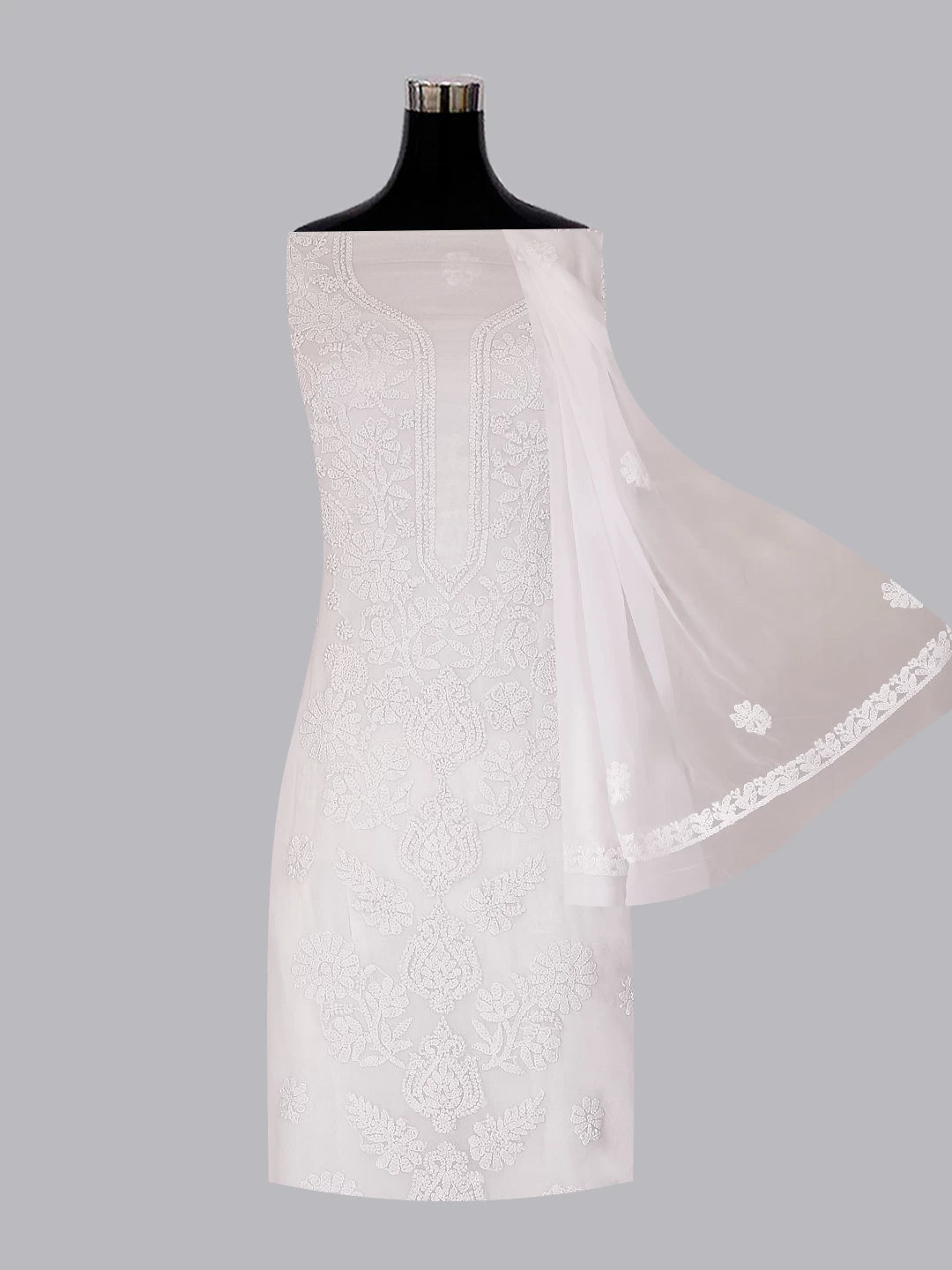 Ada Hand Embroidered White Georgette Lucknowi Chikankari Unstitched Suit Piece A211320