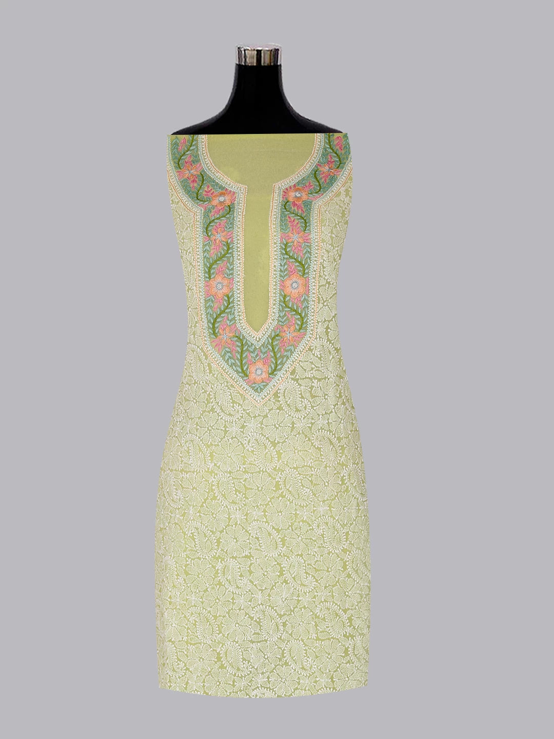 Ada Hand Embroidered Lime Green Georgette Lucknowi Chikankari Unstitched Suit Piece With Parsi Work A211298