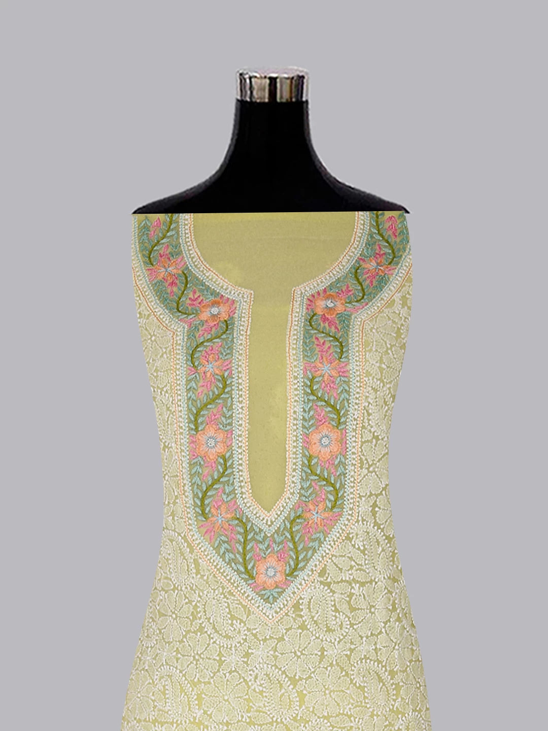 Ada Hand Embroidered Lime Green Georgette Lucknowi Chikankari Unstitched Suit Piece With Parsi Work A211298