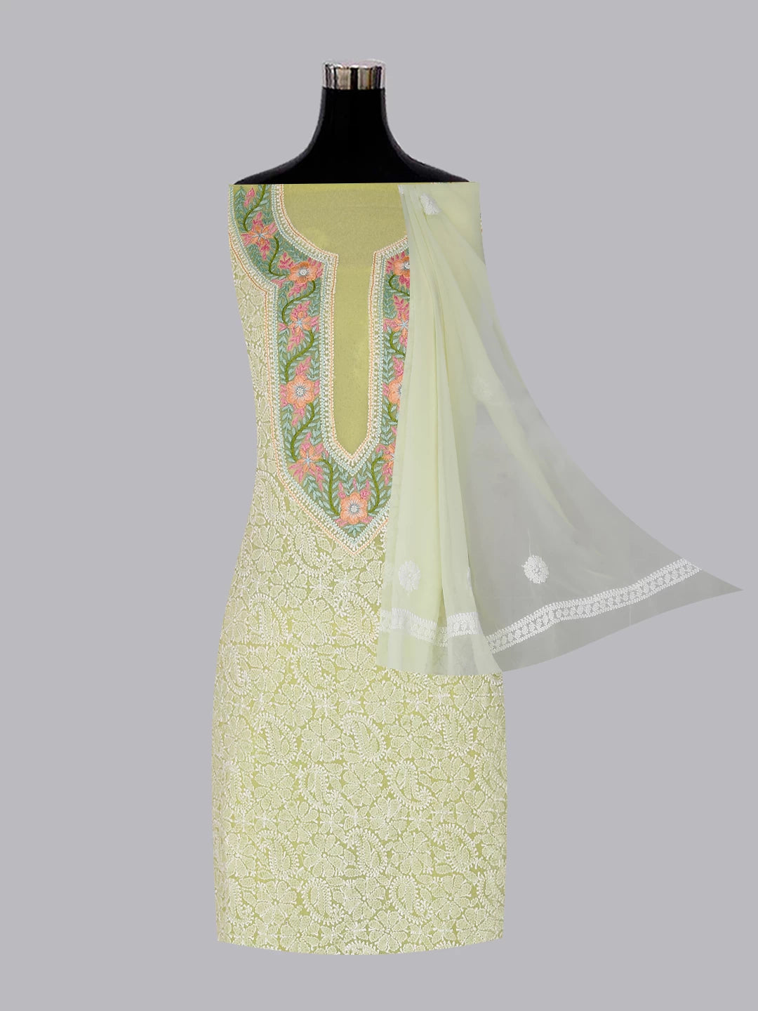 Ada Hand Embroidered Lime Green Georgette Lucknowi Chikankari Unstitched Suit Piece With Parsi Work A211298
