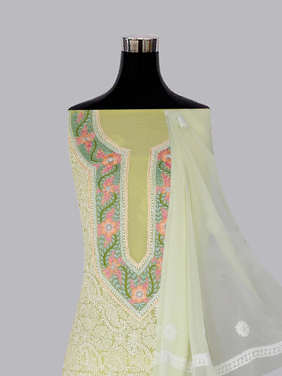 Ada Hand Embroidered Lime Green Georgette Lucknowi Chikankari Unstitched Suit Piece With Parsi Work A211298