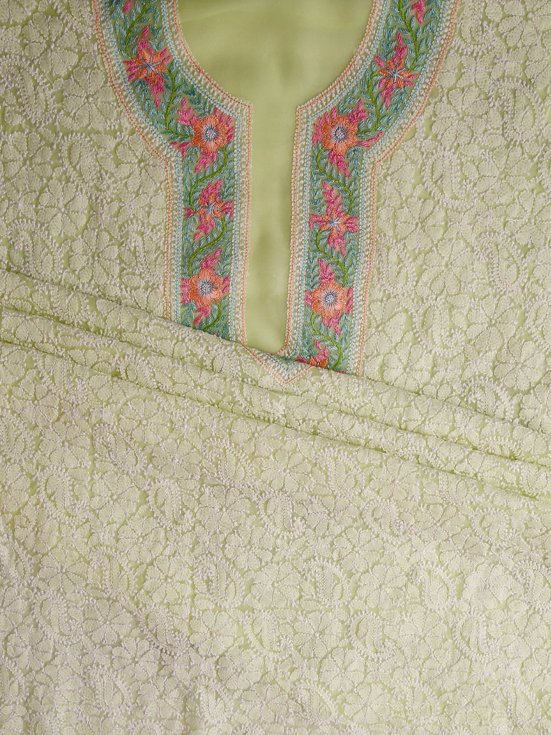 Ada Hand Embroidered Lime Green Georgette Lucknowi Chikankari Unstitched Suit Piece With Parsi Work A211298