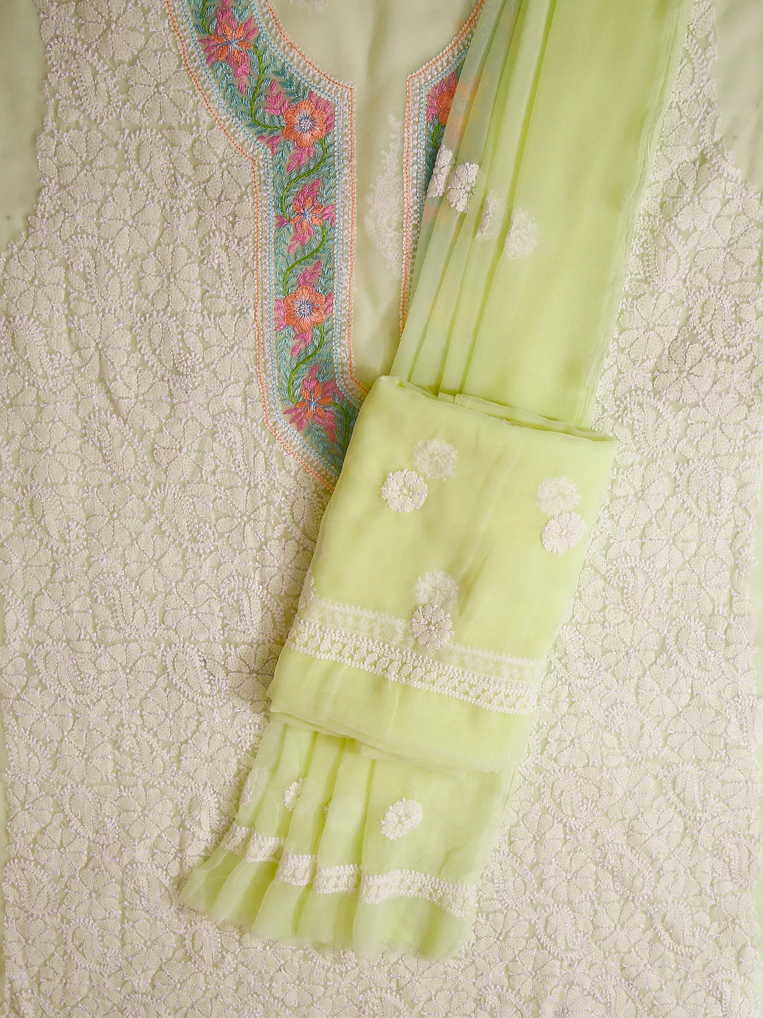 Ada Hand Embroidered Lime Green Georgette Lucknowi Chikankari Unstitched Suit Piece With Parsi Work A211298