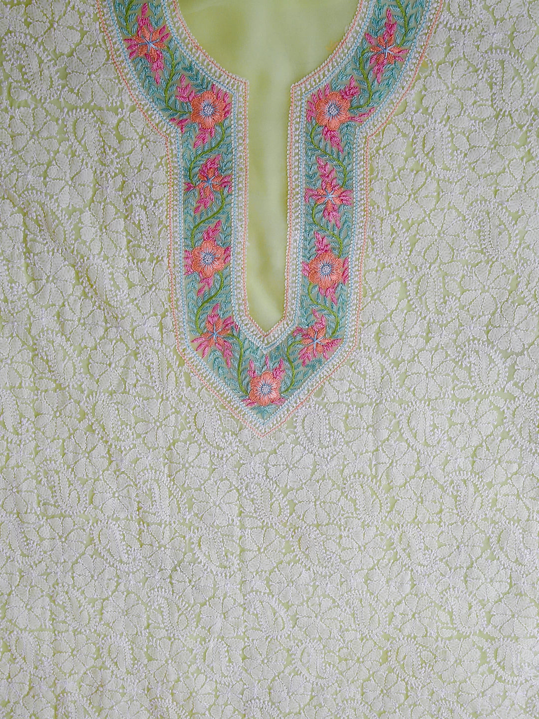 Ada Hand Embroidered Lime Green Georgette Lucknowi Chikankari Unstitched Suit Piece With Parsi Work A211298