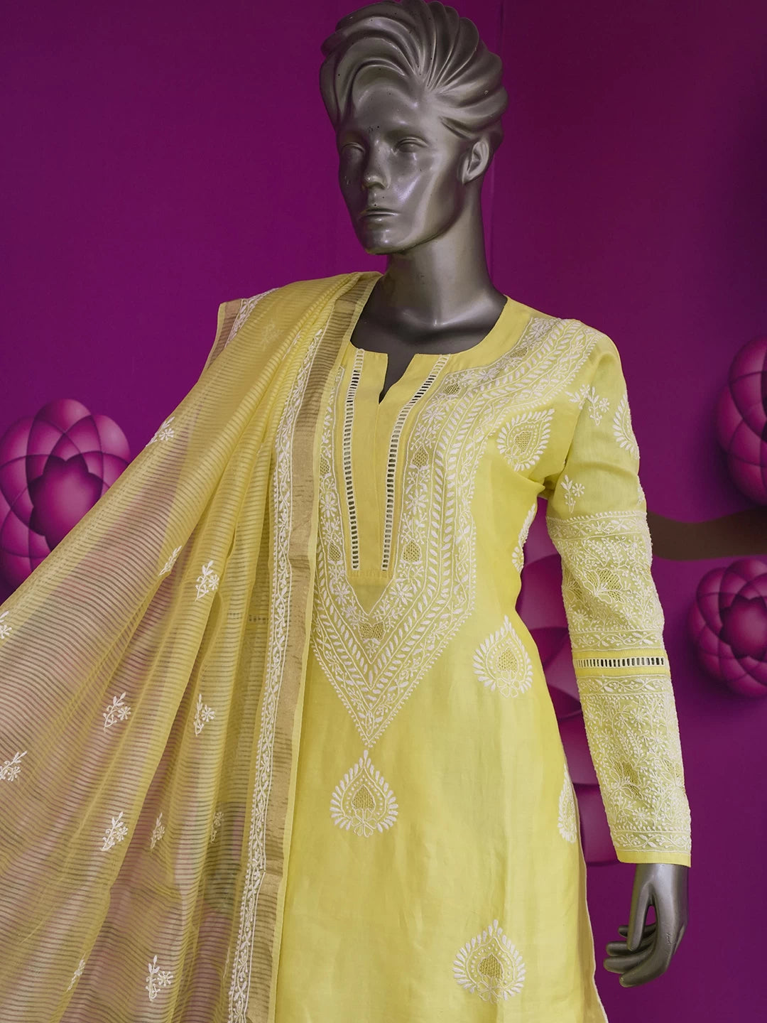 Ada Hand Embroidered Yellow Chanderi Lucknowi Chikankari Semi stitched Suit Piece With Zari Work 01A425637