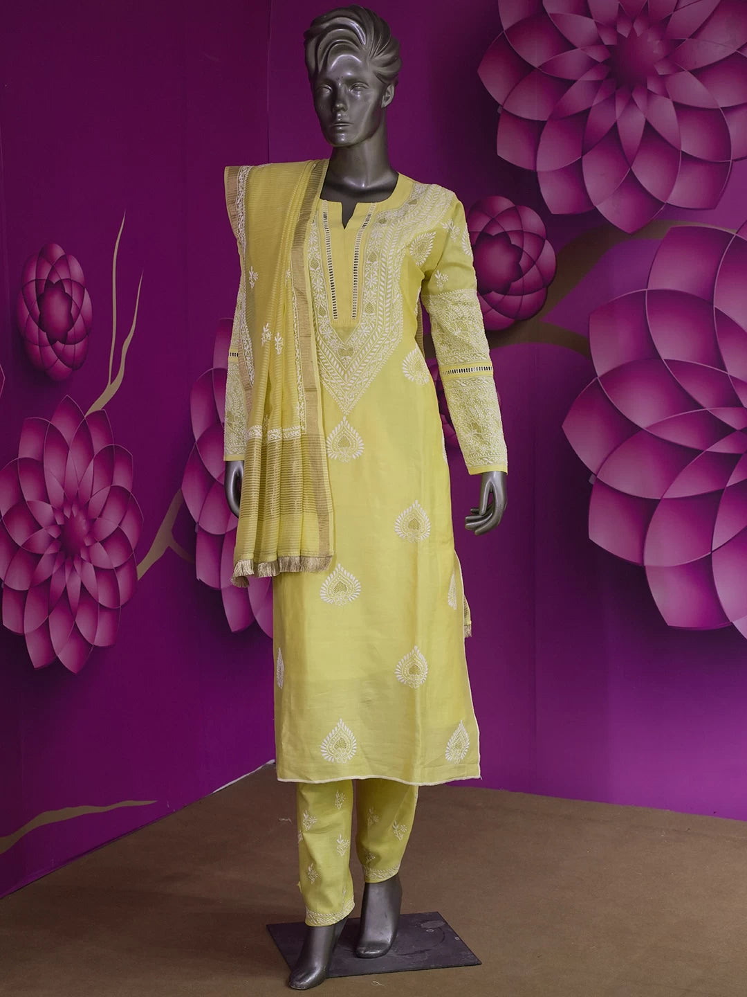 Ada Hand Embroidered Yellow Chanderi Lucknowi Chikankari Semi stitched Suit Piece With Zari Work 01A425637