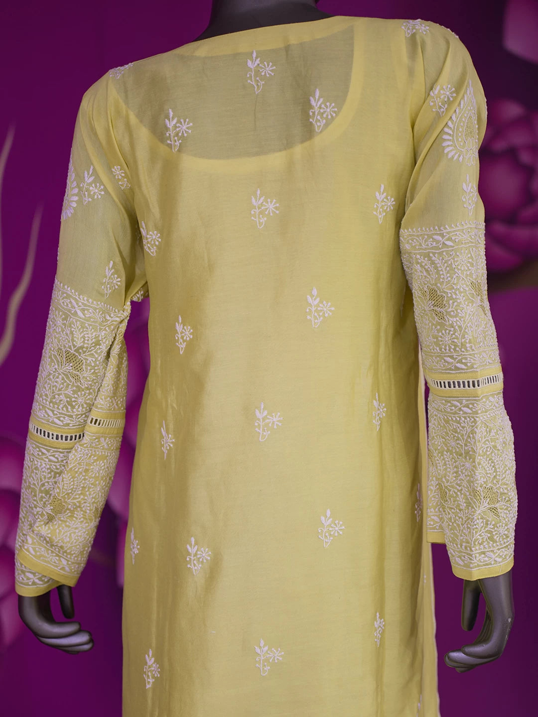 Ada Hand Embroidered Yellow Chanderi Lucknowi Chikankari Semi stitched Suit Piece With Zari Work 01A425637
