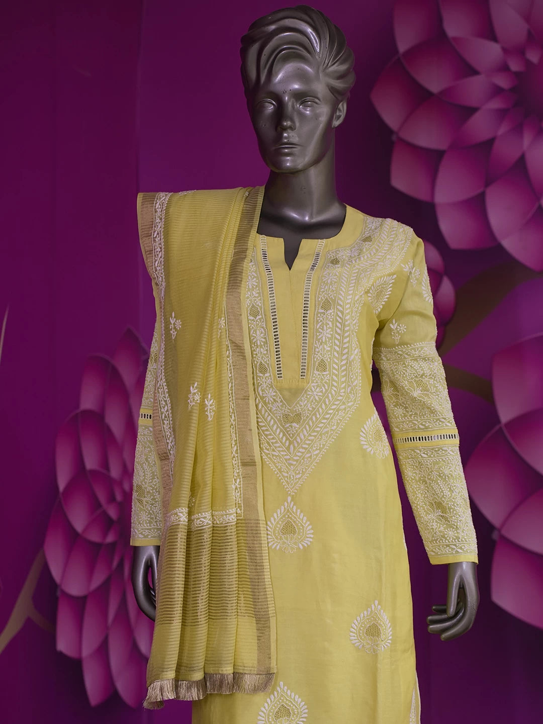 Ada Hand Embroidered Yellow Chanderi Lucknowi Chikankari Semi stitched Suit Piece With Zari Work 01A425637