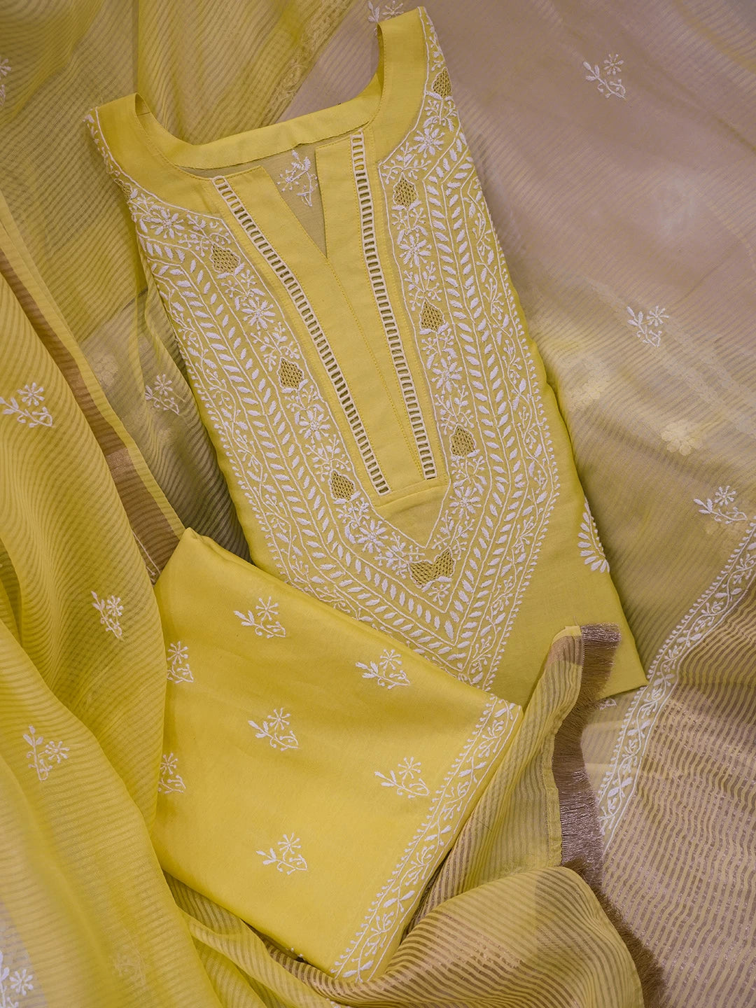 Ada Hand Embroidered Yellow Chanderi Lucknowi Chikankari Semi stitched Suit Piece With Zari Work 01A425637