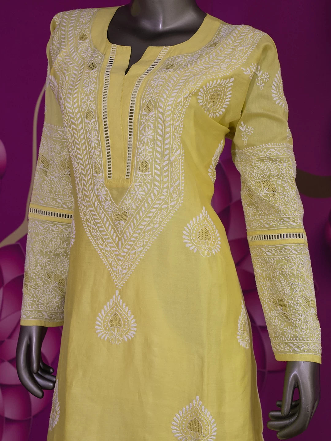Ada Hand Embroidered Yellow Chanderi Lucknowi Chikankari Semi stitched Suit Piece With Zari Work 01A425637