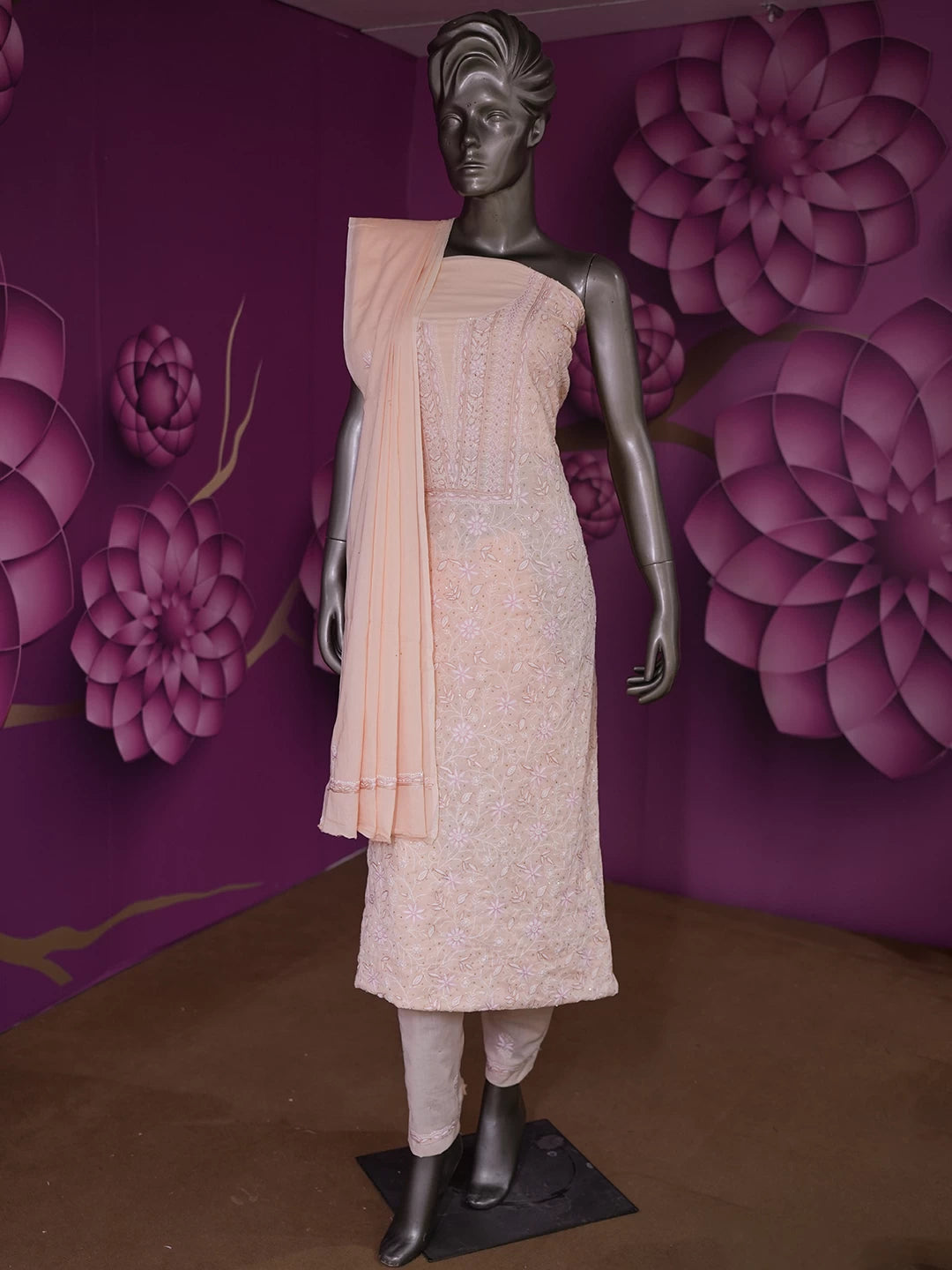 Ada Hand Embroidered Light Peach Cotton Lucknowi Chikankari Unstitched Suit Piece With Cutdana Work 01A345060