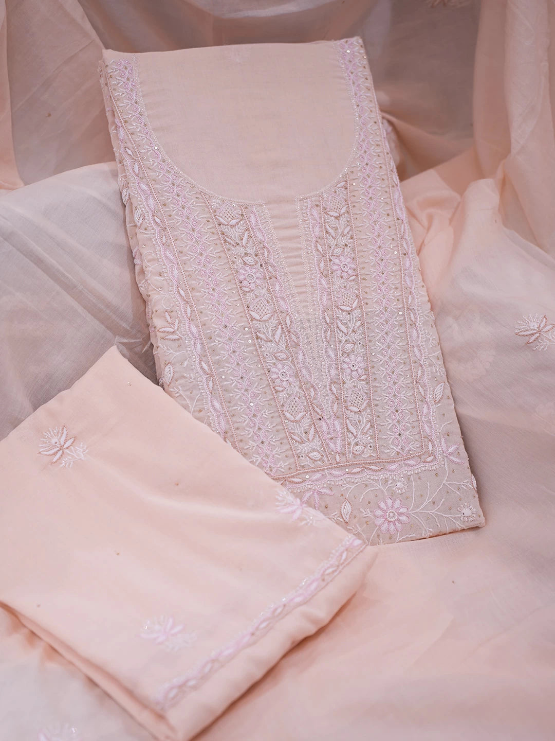Ada Hand Embroidered Light Peach Cotton Lucknowi Chikankari Unstitched Suit Piece With Cutdana Work 01A345060