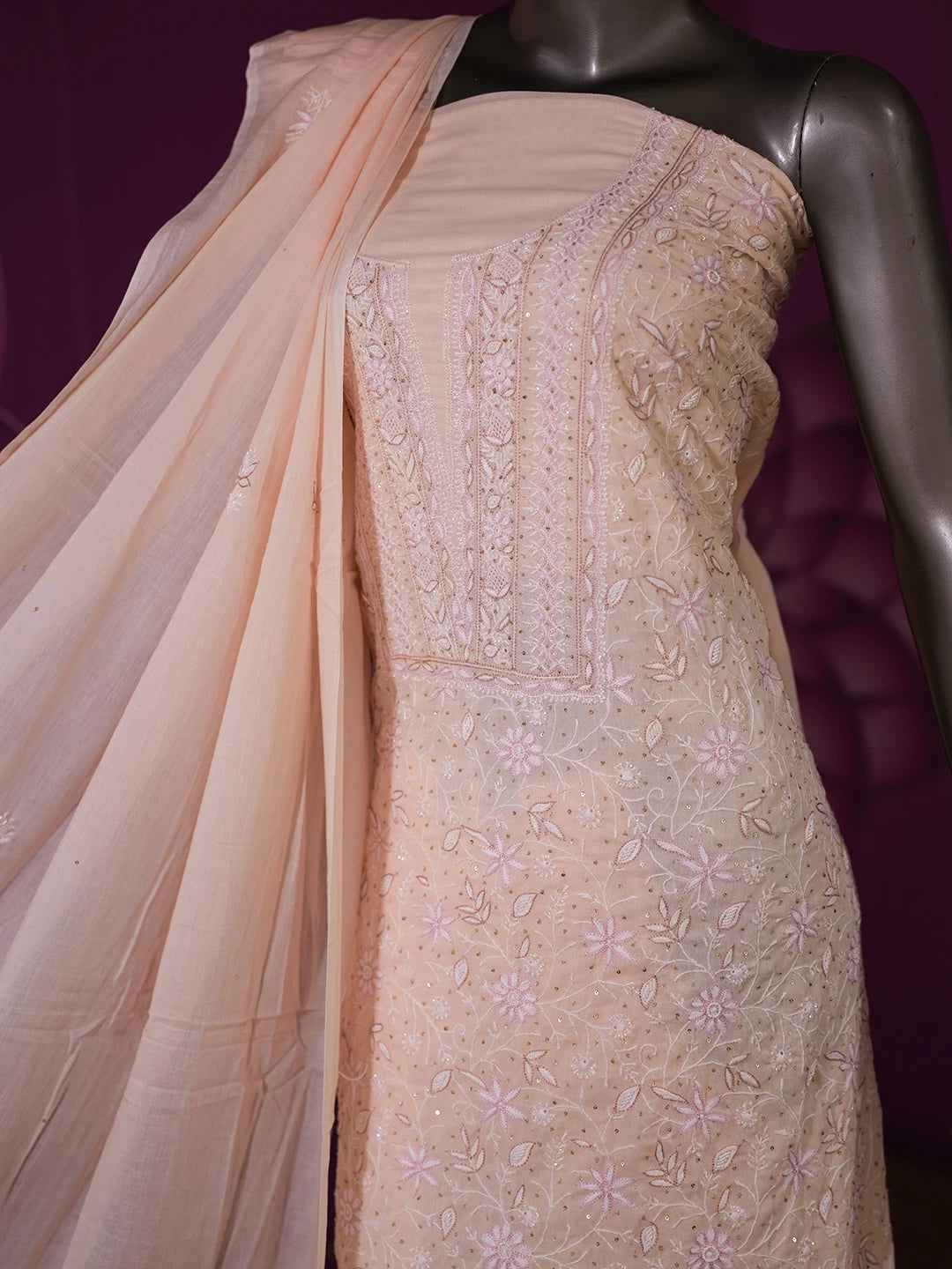 Ada Hand Embroidered Light Peach Cotton Lucknowi Chikankari Unstitched Suit Piece With Cutdana Work 01A345060