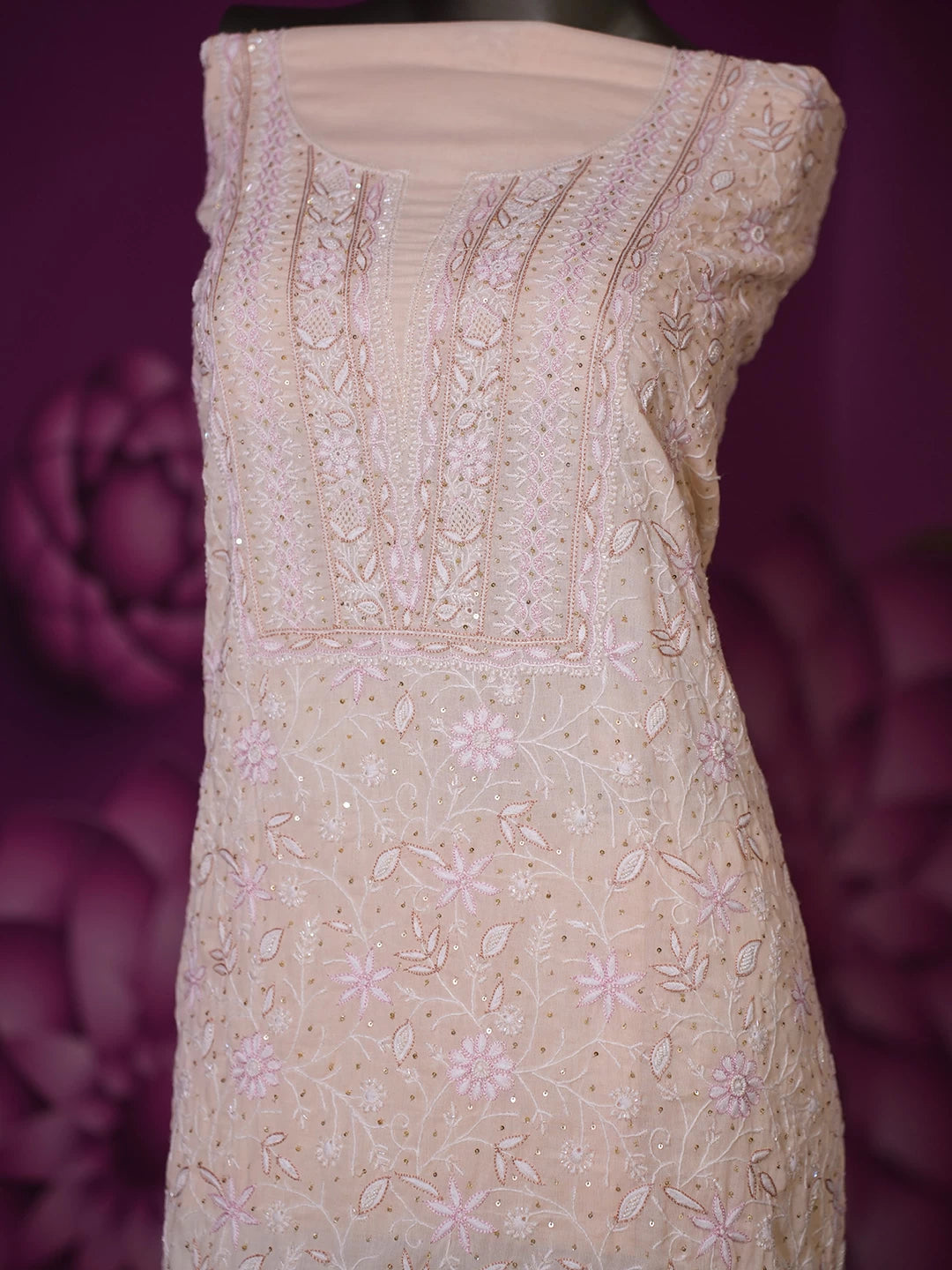 Ada Hand Embroidered Light Peach Cotton Lucknowi Chikankari Unstitched Suit Piece With Cutdana Work 01A345060