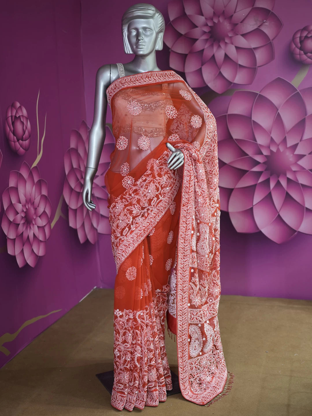 Ada Hand Embroidered Scarlet Red Georgette Lucknowi Chikankari Saree WIth Blouse And Cutdana Work 01A121823
