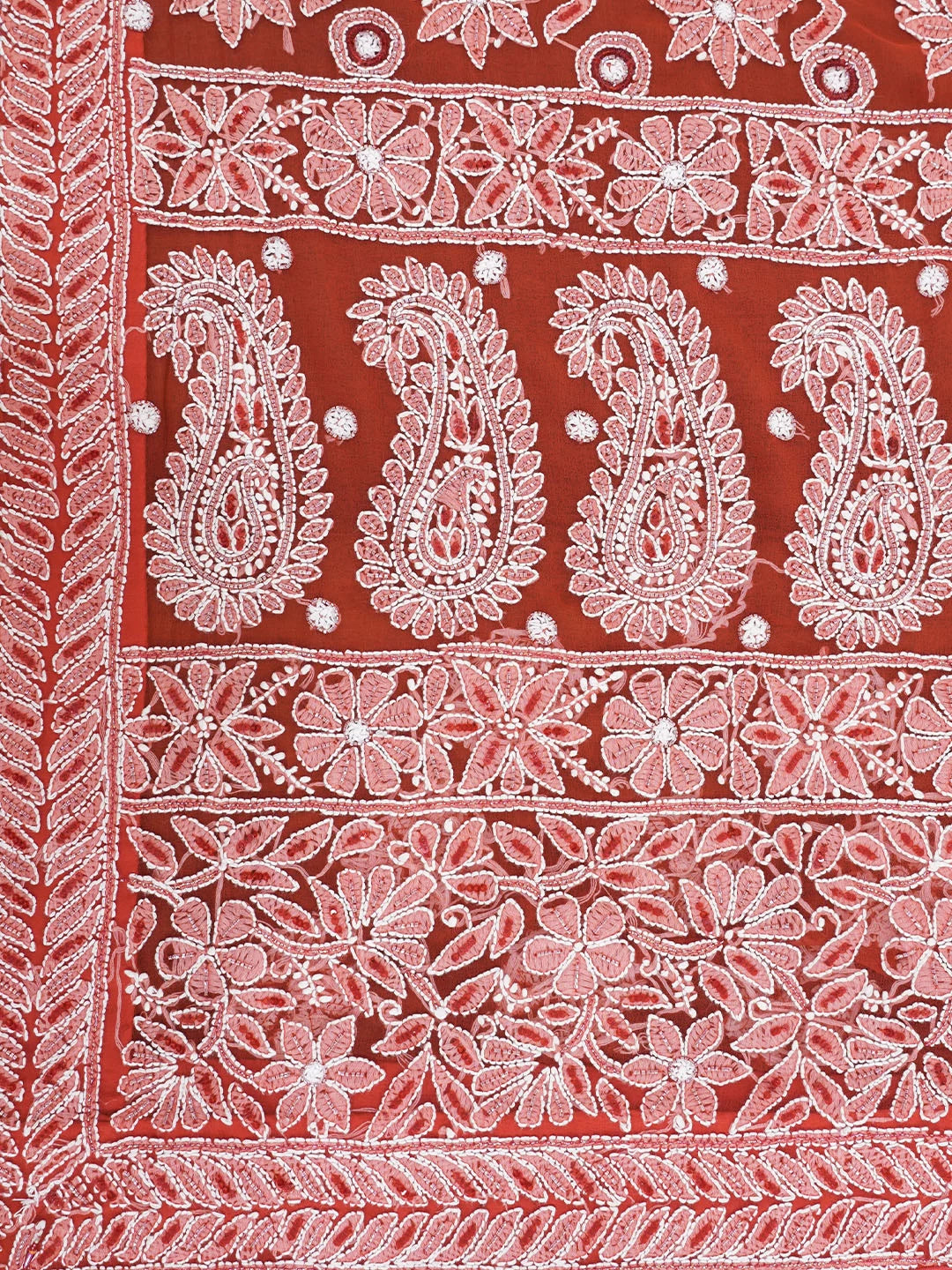 Ada Hand Embroidered Scarlet Red Georgette Lucknowi Chikankari Saree WIth Blouse And Cutdana Work 01A121823