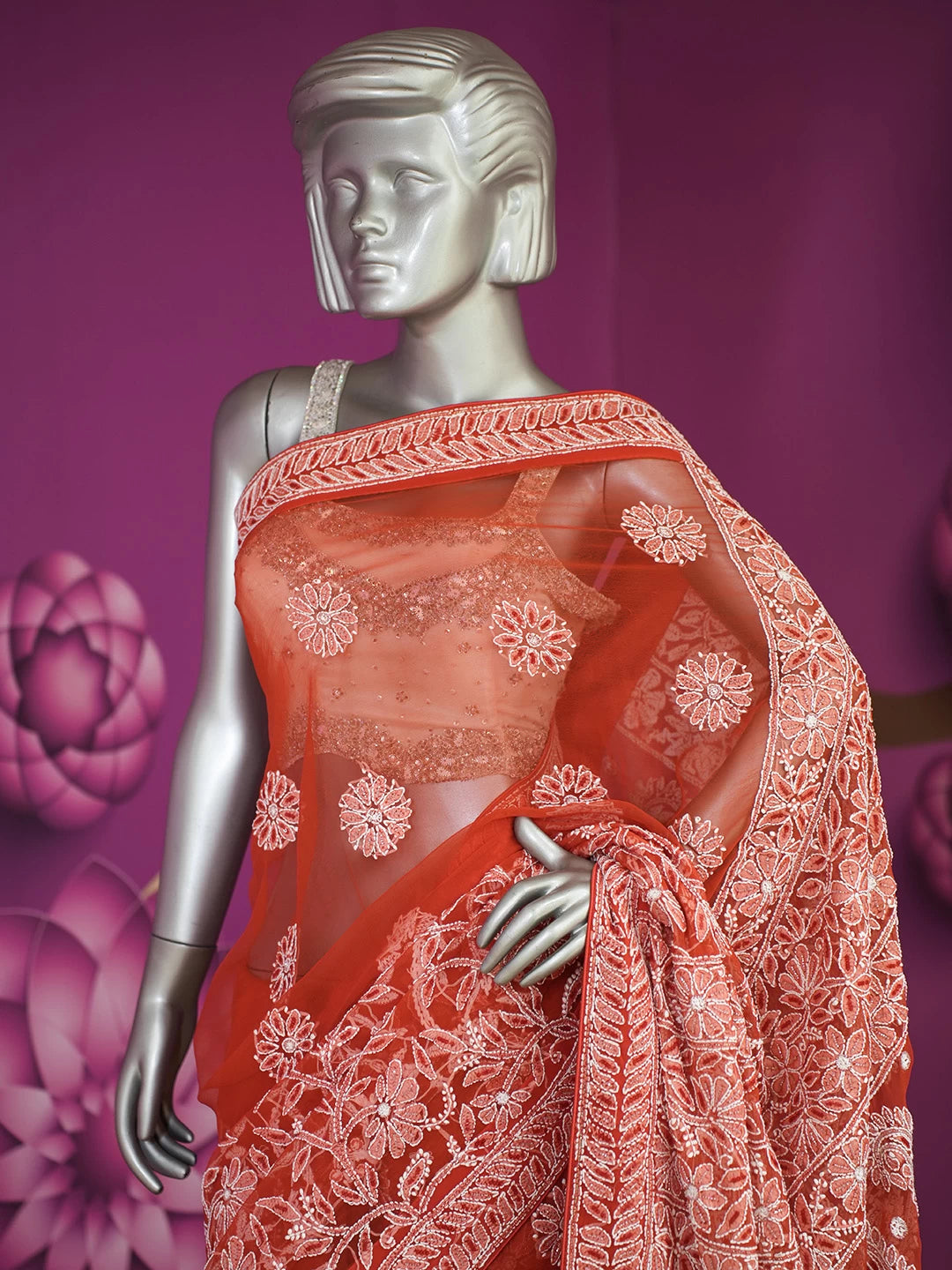 Ada Hand Embroidered Scarlet Red Georgette Lucknowi Chikankari Saree WIth Blouse And Cutdana Work 01A121823