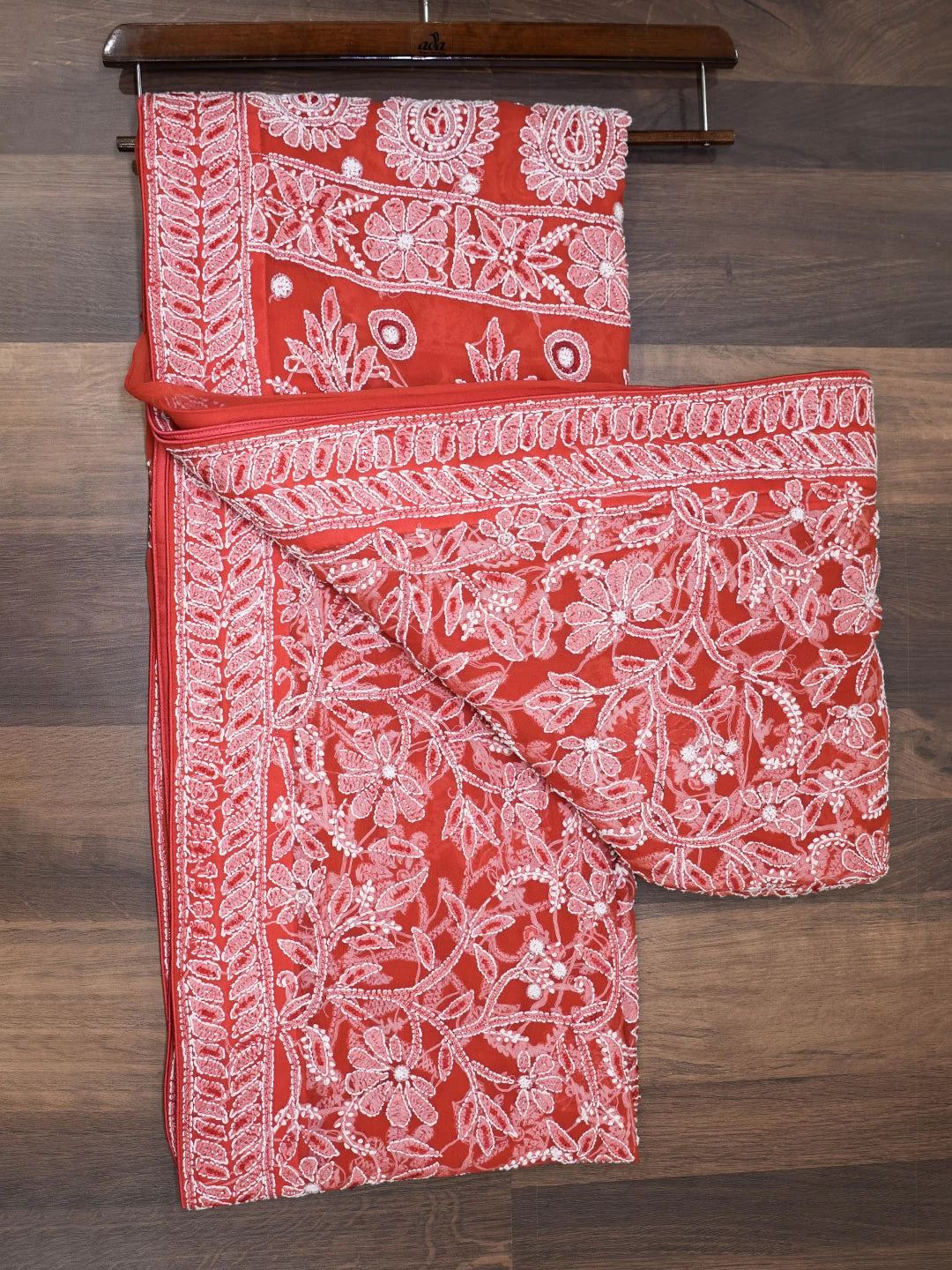 Ada Hand Embroidered Scarlet Red Georgette Lucknowi Chikankari Saree WIth Blouse And Cutdana Work 01A121823