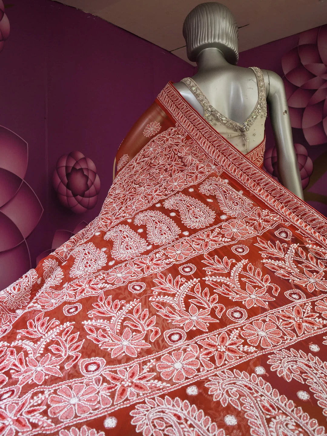 Ada Hand Embroidered Scarlet Red Georgette Lucknowi Chikankari Saree WIth Blouse And Cutdana Work 01A121823