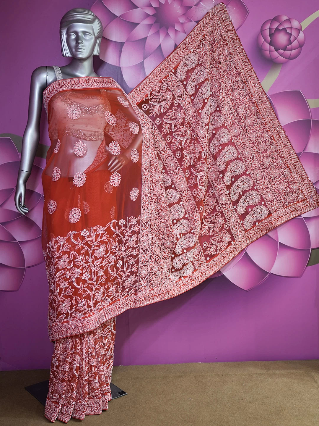 Ada Hand Embroidered Scarlet Red Georgette Lucknowi Chikankari Saree WIth Blouse And Cutdana Work 01A121823